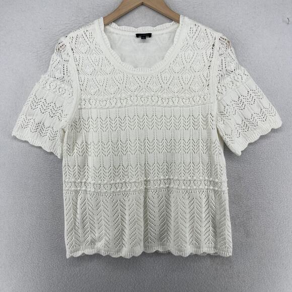 TALBOTS Sweater L Mixed Pointelle Stitch Short Sleeve Lined Cotton Blend White - Picture 1 of 12